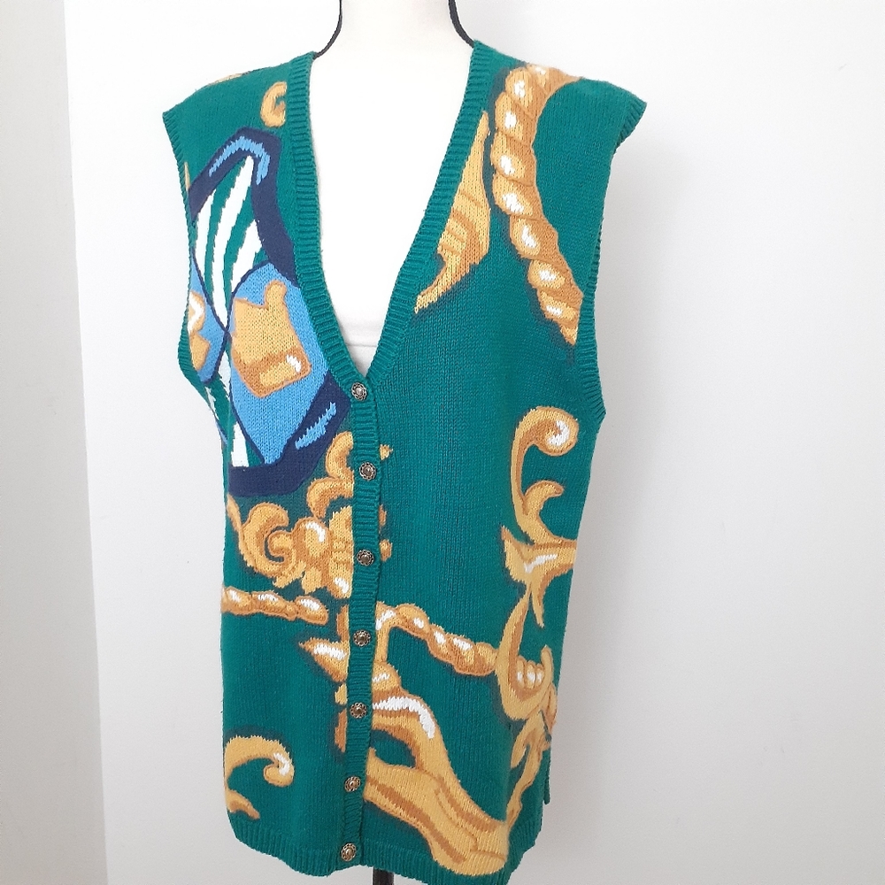 Northern Isles Portraits Green Embroidered Sweater Vest Gold Fall Winter Sz L